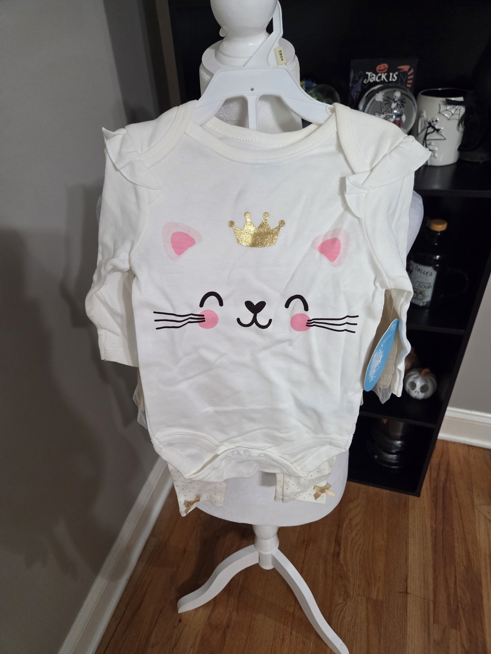 Bon Bebe Cream Long-Sleeve Kitty Bodysuit with Gold Crown Matching Tutu Pants